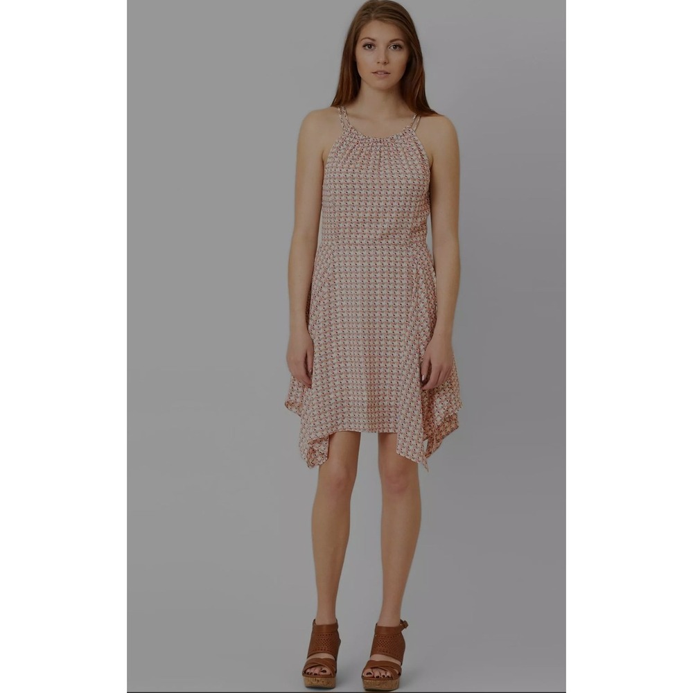 Miss Me Geometric Print Handkerchief Hem Halter Dress Tassels Taupe Coral Sz Med